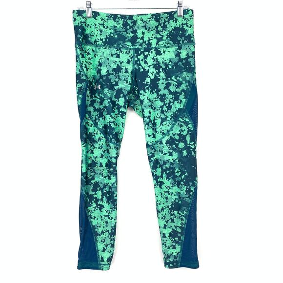 Under Armour Cropped Leggings Womens Sz Large Compression Heat Gear Green Print - Picture 1 of 6